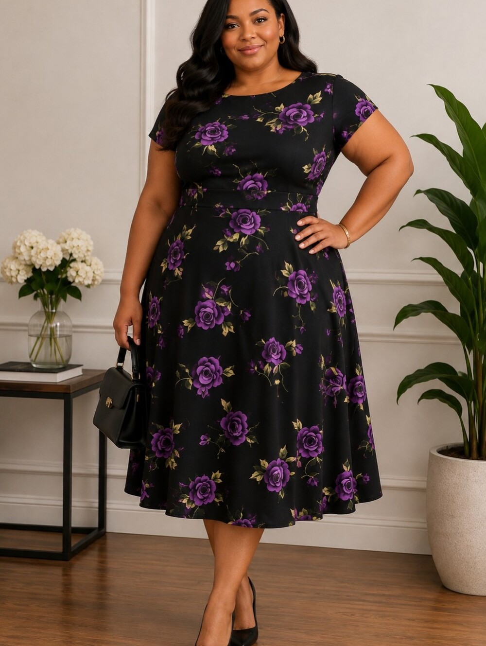 Le Suit Black Midi Dress with Purple Rose Print